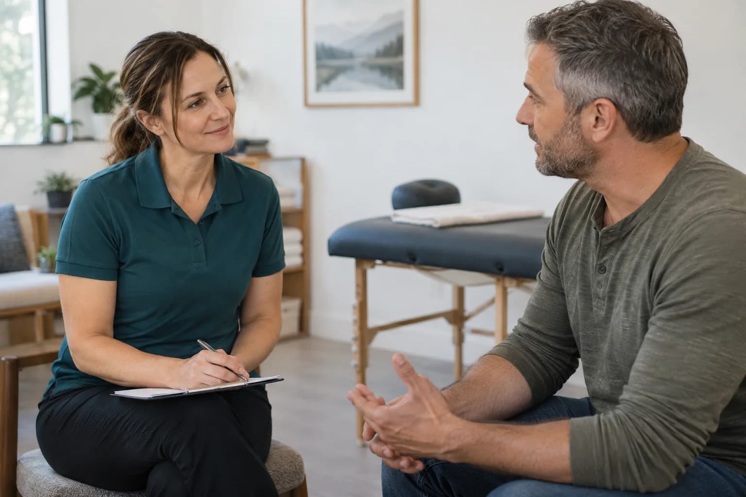 Illustration of a therapist listening to a client in a bright treatment room.